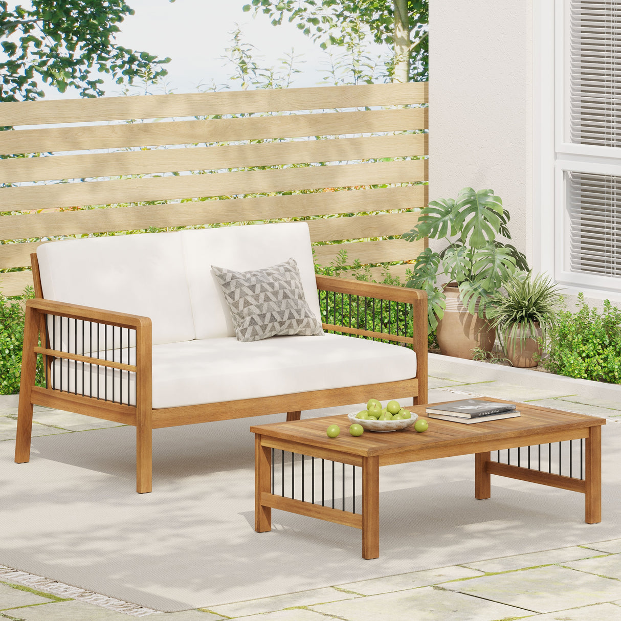 Elias Acacia Wood and Iron Outdoor Loveseat and Coffee Table Set with Cushions by Christopher Knight Home