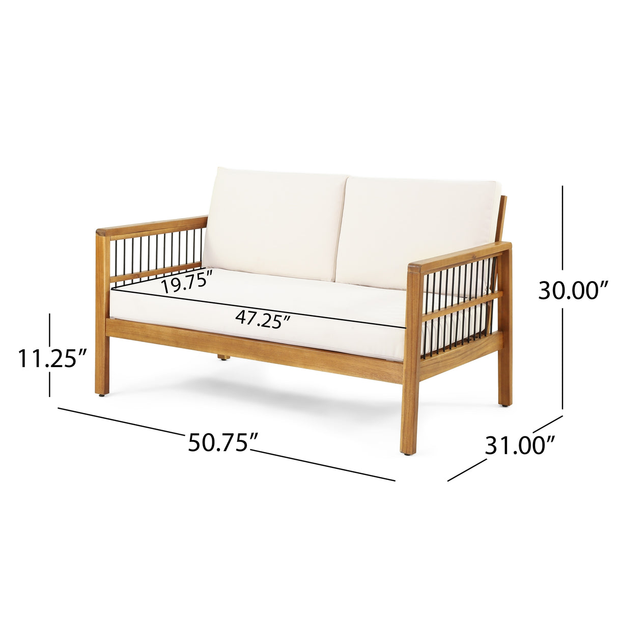 Elias Acacia Wood and Iron Outdoor Loveseat and Coffee Table Set with Cushions by Christopher Knight Home