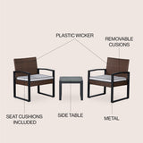 Elina 3-Piece Modern Coastal Faux Wicker Conversation Outdoor Patio Set, by JONATHAN Y