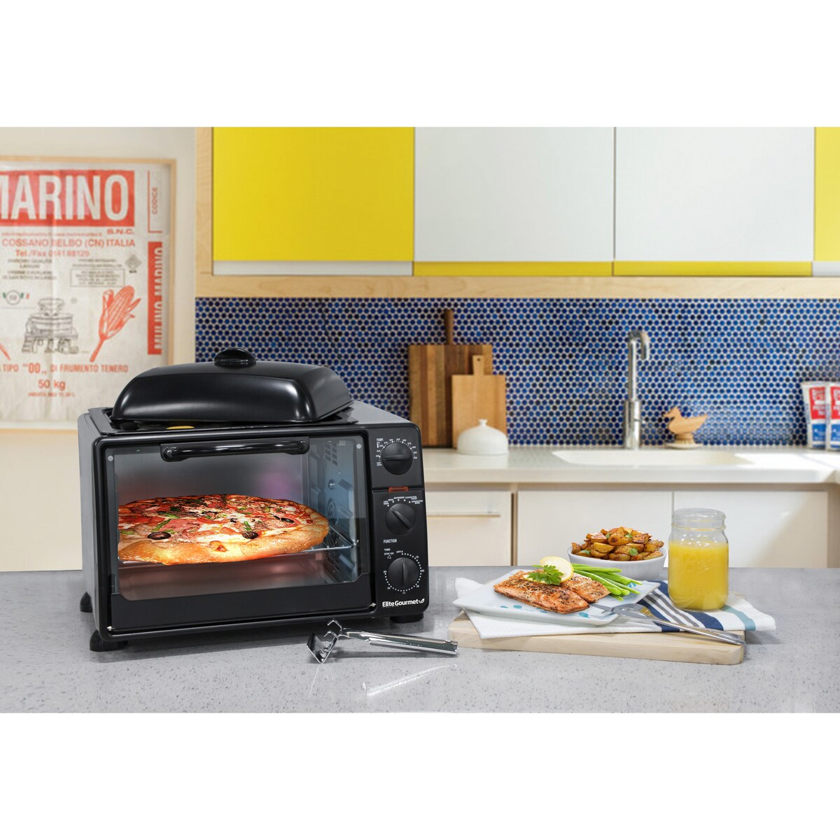 Elite Cuisine 0.8Cu. Ft. Multi-function Toaster Oven with Rotisserie & Grill/Griddle Oven Top