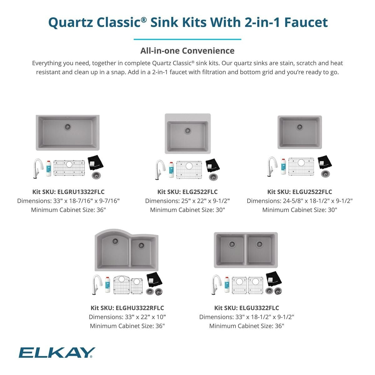 Elkay Quartz Classic 33" x 22" x 10", Offset 60/40 Double Bowl Undermount Sink Kit with Filtered Faucet with Aqua Divide, Black