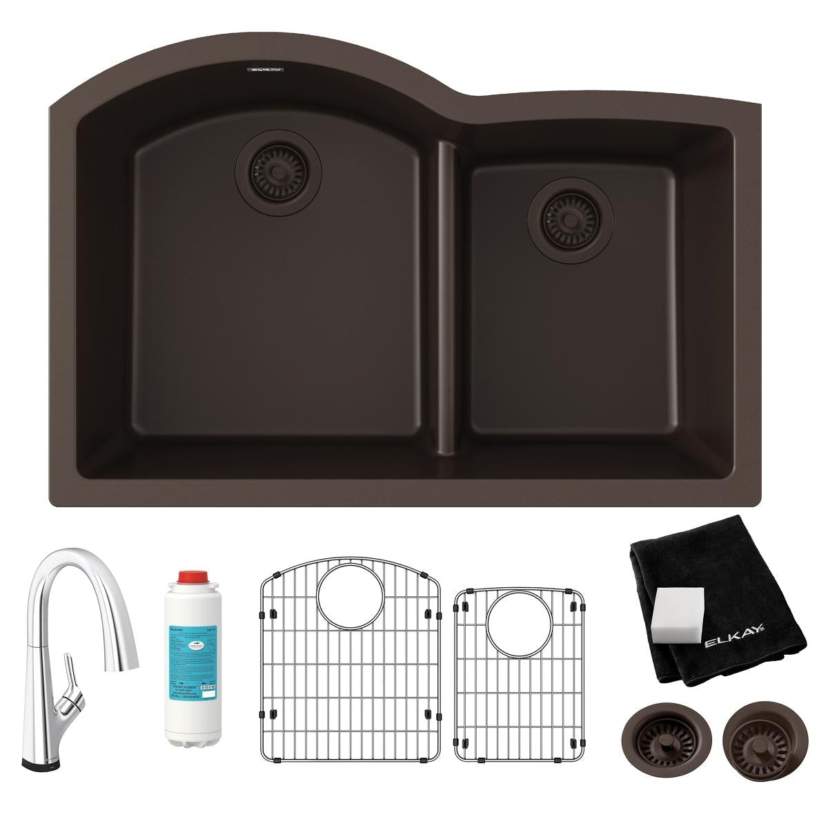 Elkay Quartz Classic 33" x 22" x 10", Offset 60/40 Double Bowl Undermount Sink Kit with Filtered Faucet with Aqua Divide, Black