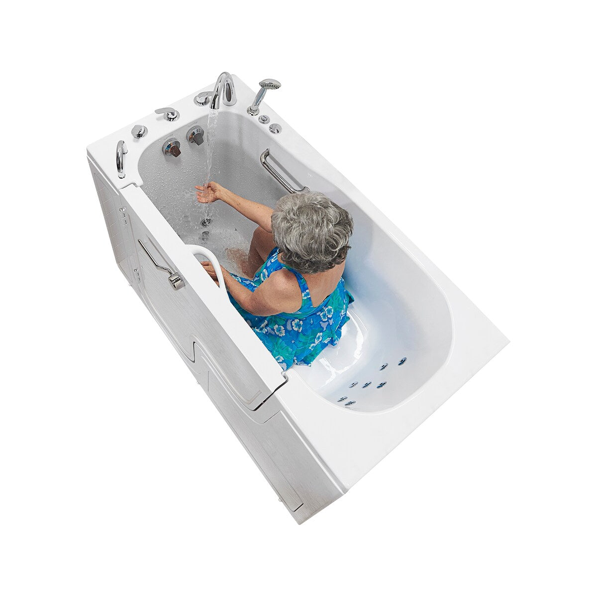 Ella Wheelchair Transfer 60 Acrylic Hydro Massage Walk-In Bathtub & Outward Swing Door, 5 Piece Fast Fill Faucet, 2" Dual Drain
