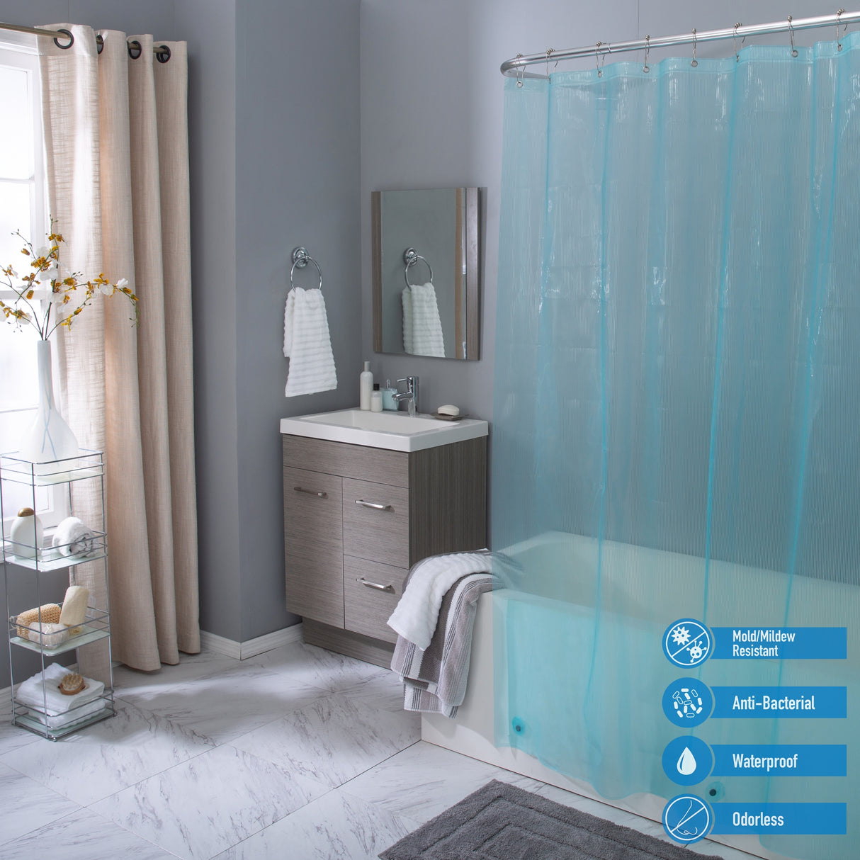 Elle Décor Pinstripe PEVA Shower Curtain Liner in Aqua
