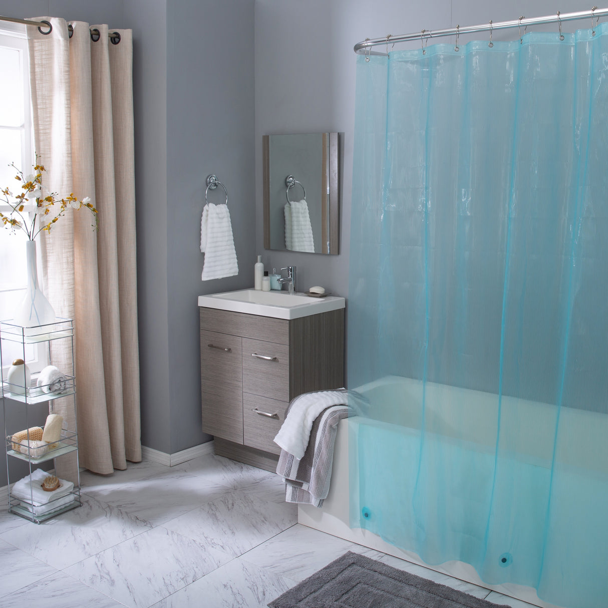 Elle Décor Pinstripe PEVA Shower Curtain Liner in Aqua
