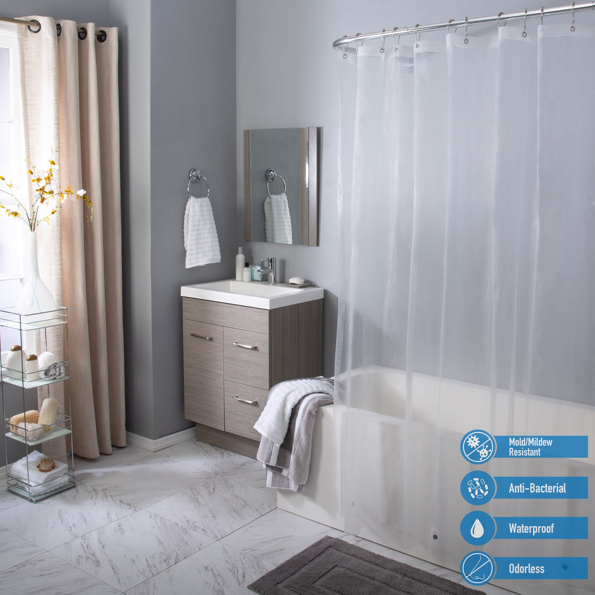 Elle Décor Pinstripe PEVA Shower Curtain Liner in Aqua