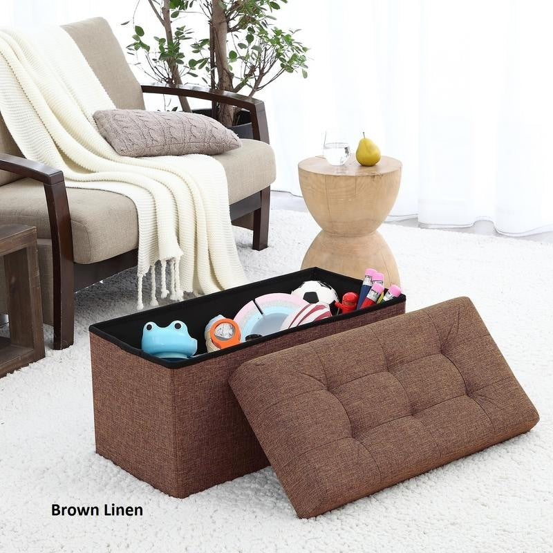 Foldable Tufted Linen Large Storage Ottoman Bench Foot Rest Stool/Seat - 15" x 30" x 15"