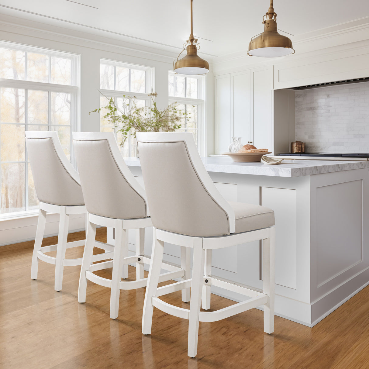 Ellis Swivel Bar Stool with High Back, White with Gray Seat