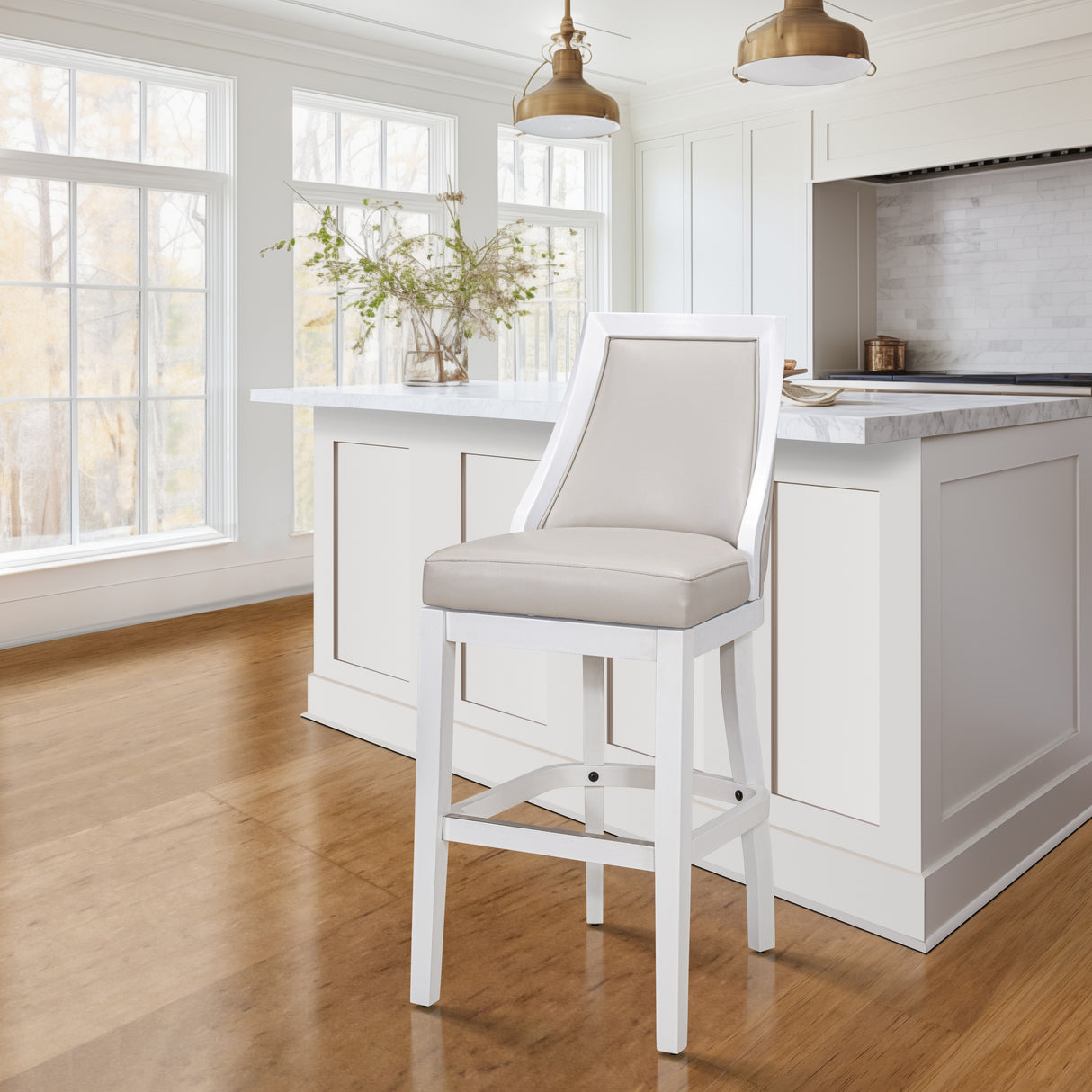 Ellis Swivel Bar Stool with High Back, White with Gray Seat