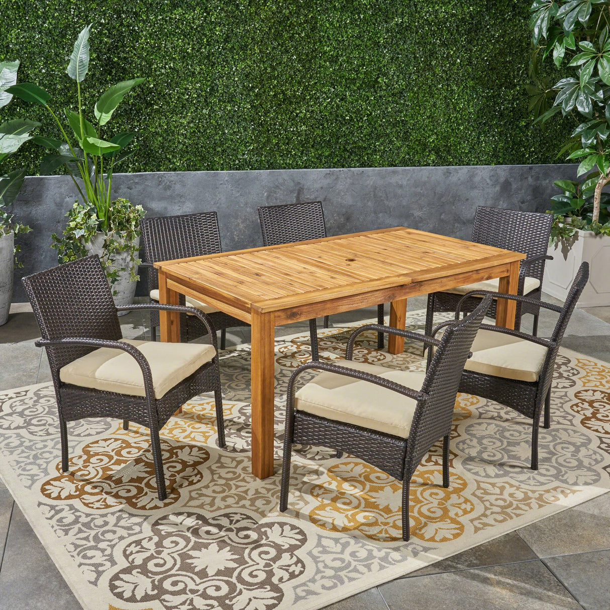 Elmar Outdoor 7 Piece Wood and Wicker Expandable Dining Set by Christopher Knight Home