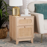 Elsbeth Mid-Century Modern Light Brown Finished Wood and Natural Rattan 1-Drawer End Table