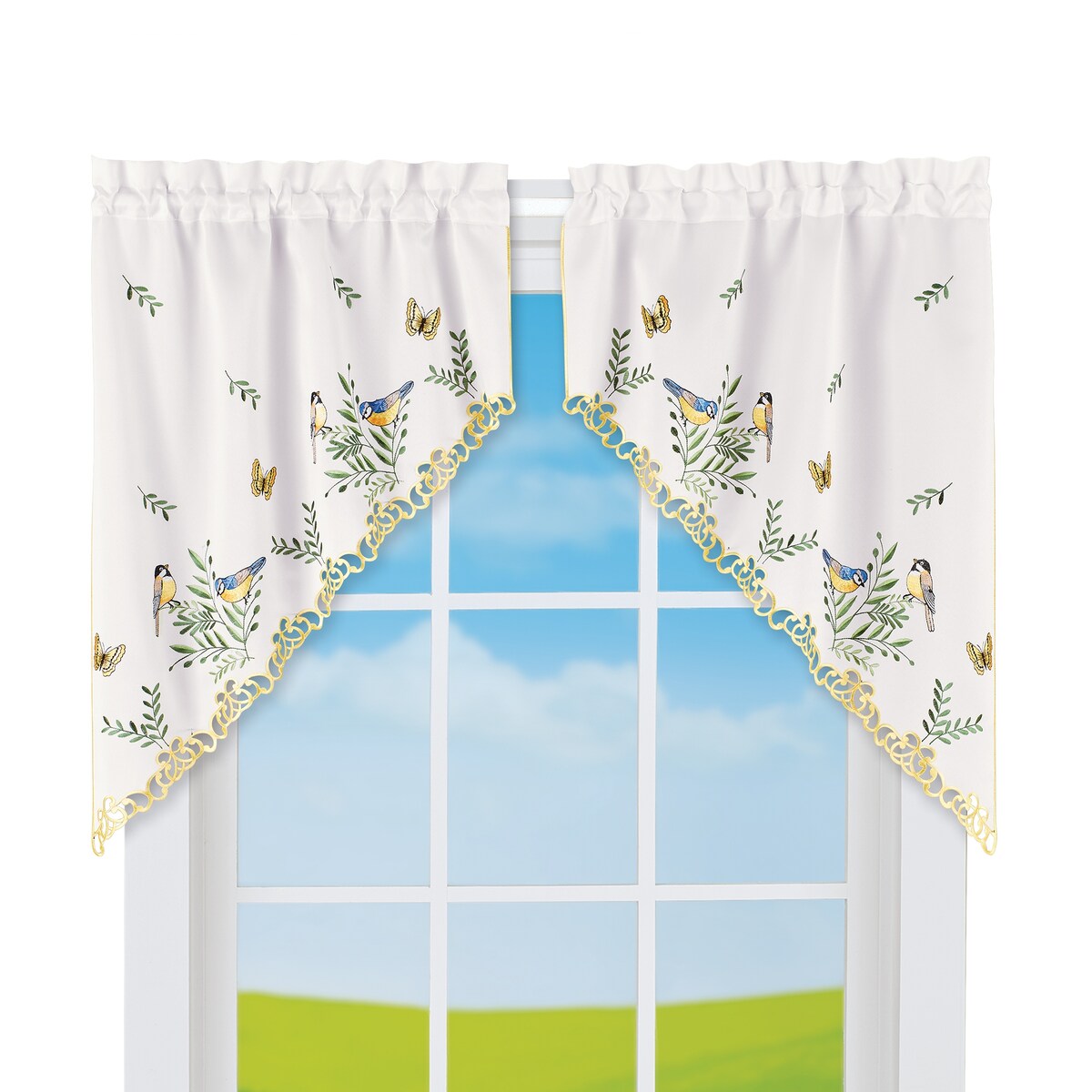 Embroidered Birds Rod Pocket Top Window Curtains - Swags