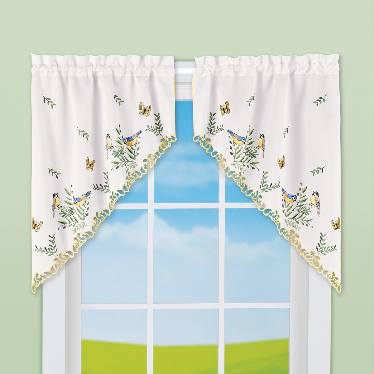 Embroidered Birds Rod Pocket Top Window Curtains - Swags