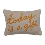 Embroidered Cotton Lumbar Pillow with "Today Is A Gift" In Script