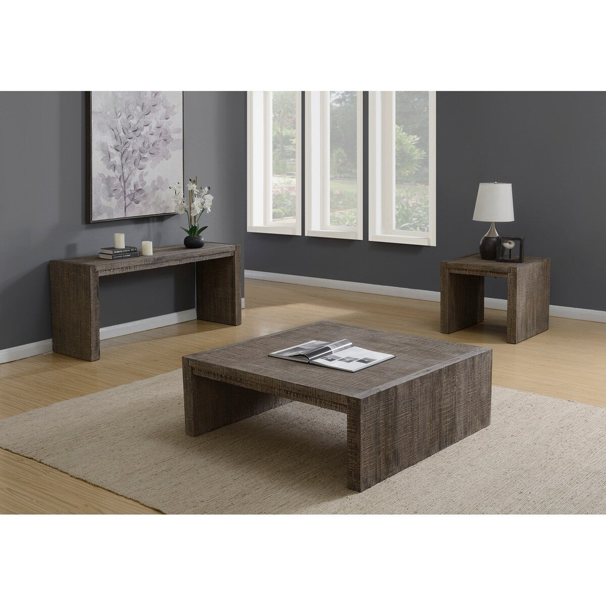 Emerald Home Cubix Tobacco Brown Square Coffee Table with Plank Style Top And Waterfall Ends