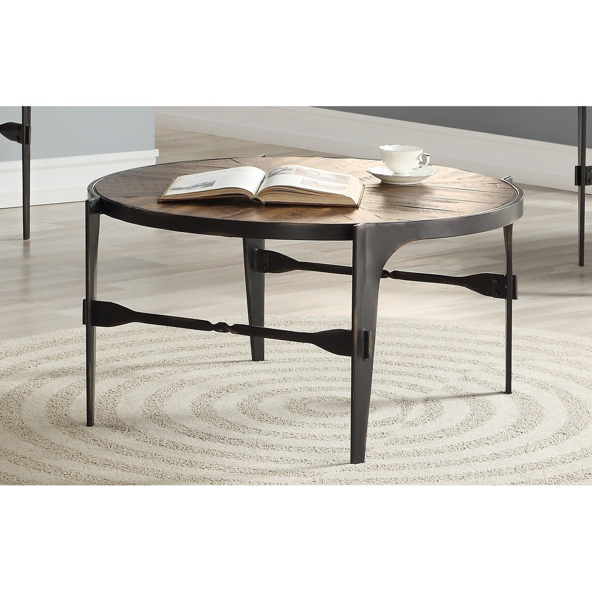 Emerald Home Franklin's Forge Honeyed Amber and Antique Black Round End Table with Pieced Wood Top And Forged Steel Legs
