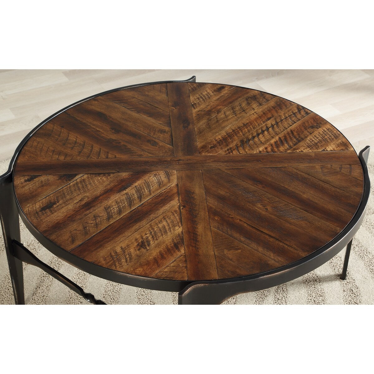 Emerald Home Franklin's Forge Honeyed Amber and Antique Black Round End Table with Pieced Wood Top And Forged Steel Legs