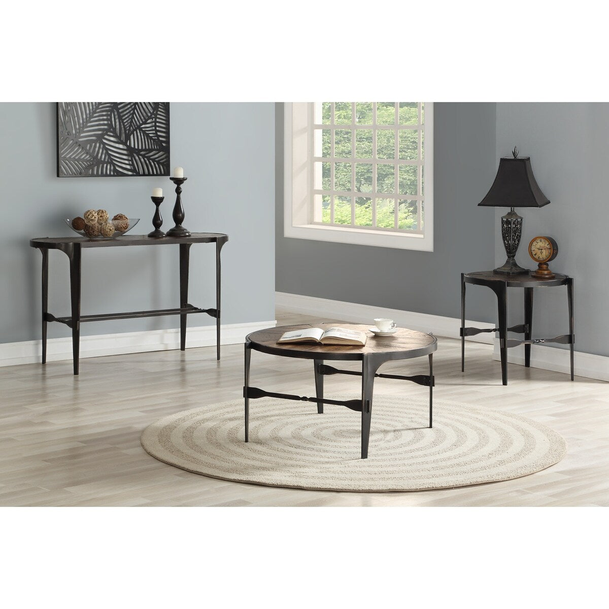 Emerald Home Franklin's Forge Honeyed Amber and Antique Black Round End Table with Pieced Wood Top And Forged Steel Legs