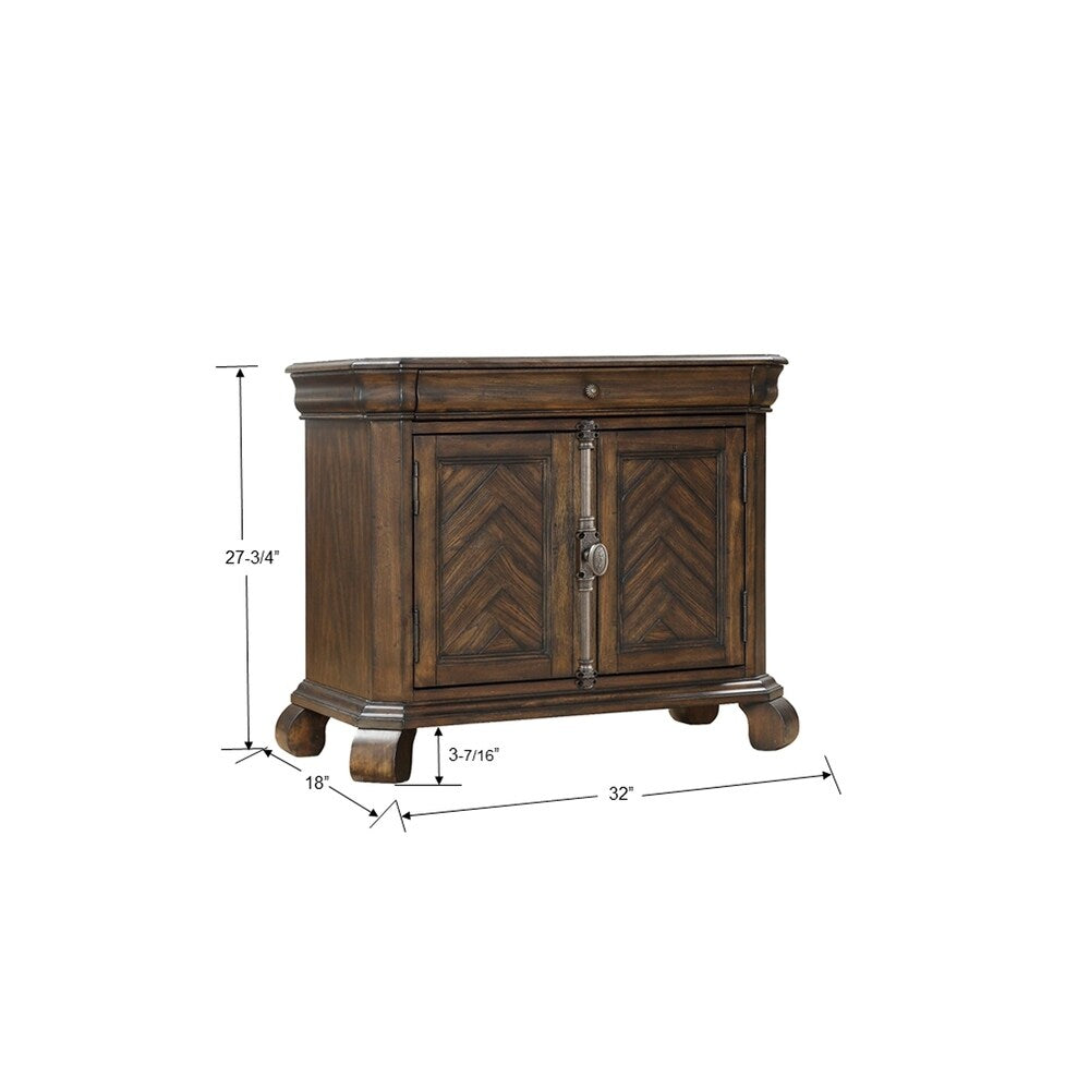 Emerald Home Knoll Hill Walnut Brown and Dark Bronze Nightstand with Pieced Chevron Door Panels And French Casement Hardware,