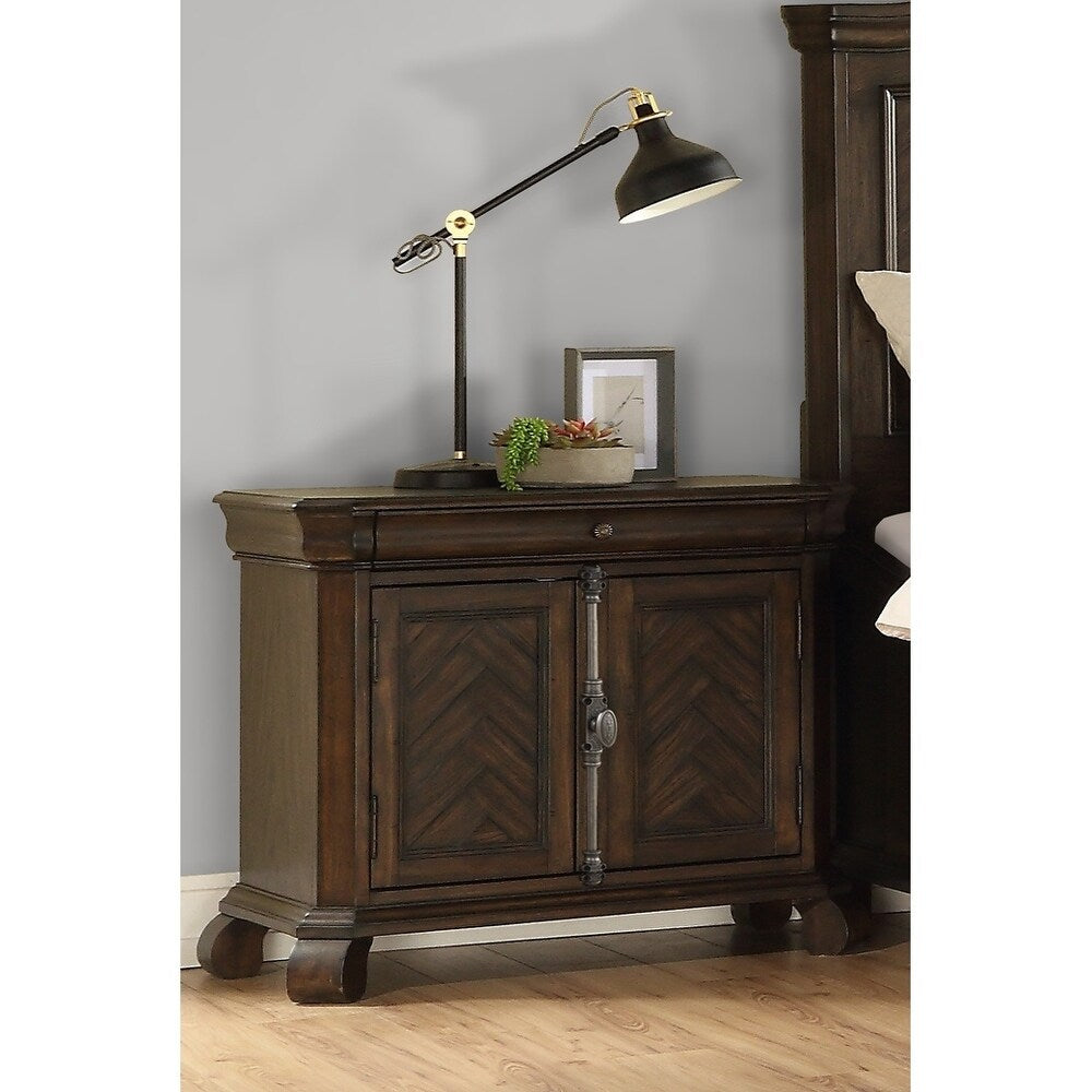 Emerald Home Knoll Hill Walnut Brown and Dark Bronze Nightstand with Pieced Chevron Door Panels And French Casement Hardware,