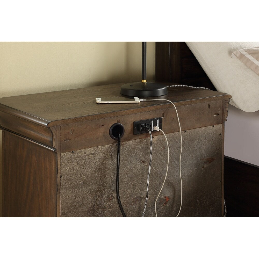Emerald Home Knoll Hill Walnut Brown and Dark Bronze Nightstand with Pieced Chevron Door Panels And French Casement Hardware,