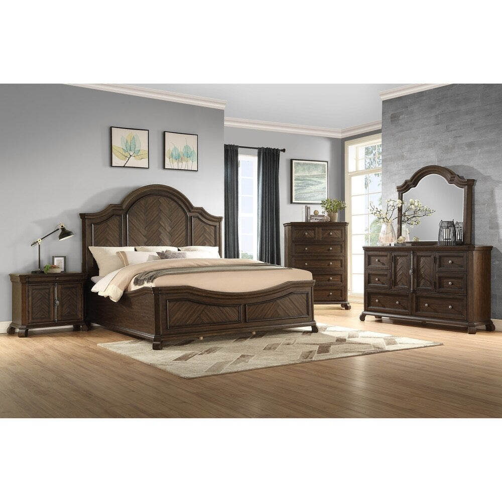 Emerald Home Knoll Hill Walnut Brown and Dark Bronze Nightstand with Pieced Chevron Door Panels And French Casement Hardware,