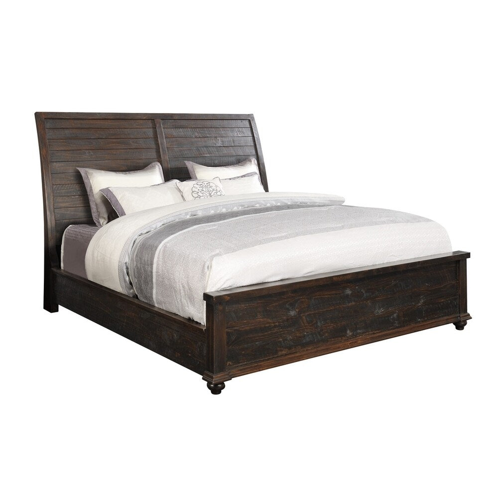 Emerald Home Mountain Retreat Dark Mocha Bed with Thick Molding, Slatted Insets, and Bun Feet, King