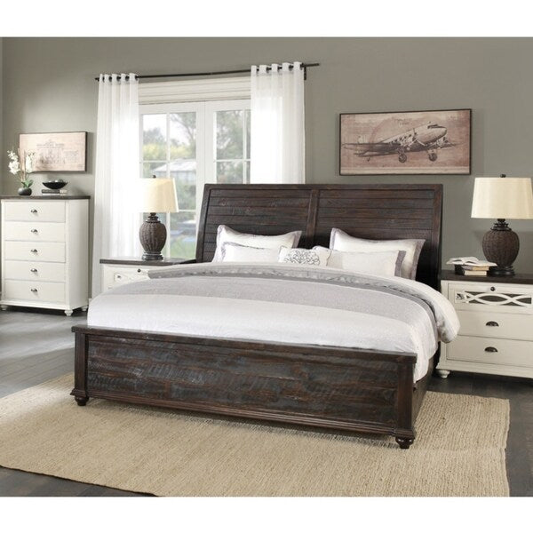 Emerald Home Mountain Retreat Dark Mocha Bed with Thick Molding, Slatted Insets, and Bun Feet, King