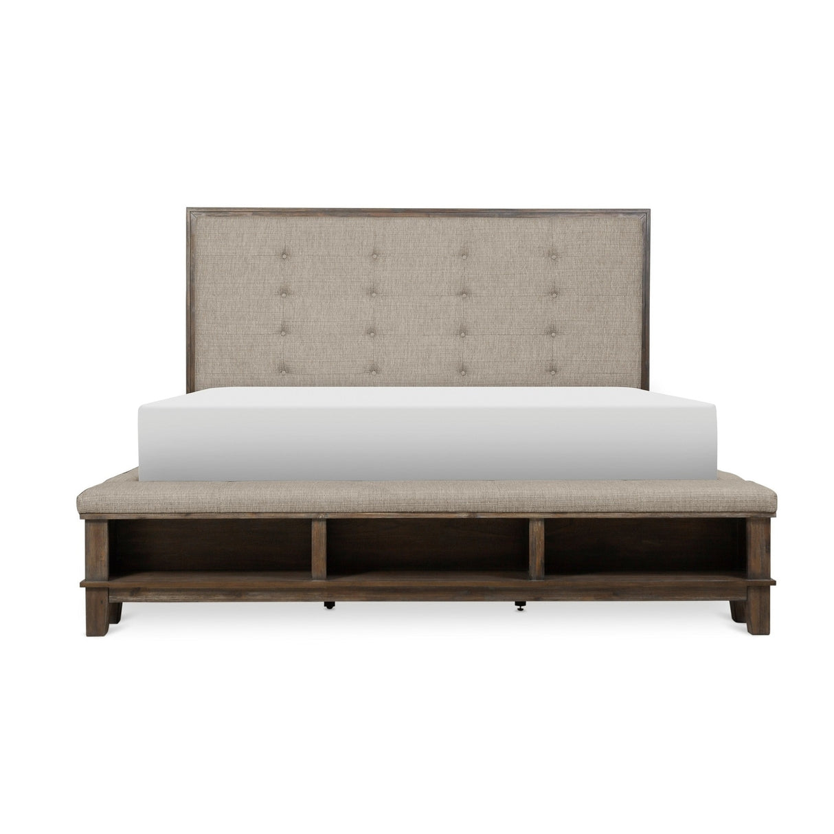 Emma 4 Piece Gray Modern Fabric Upholstered Tufted Shelves Panel Bedroom Set