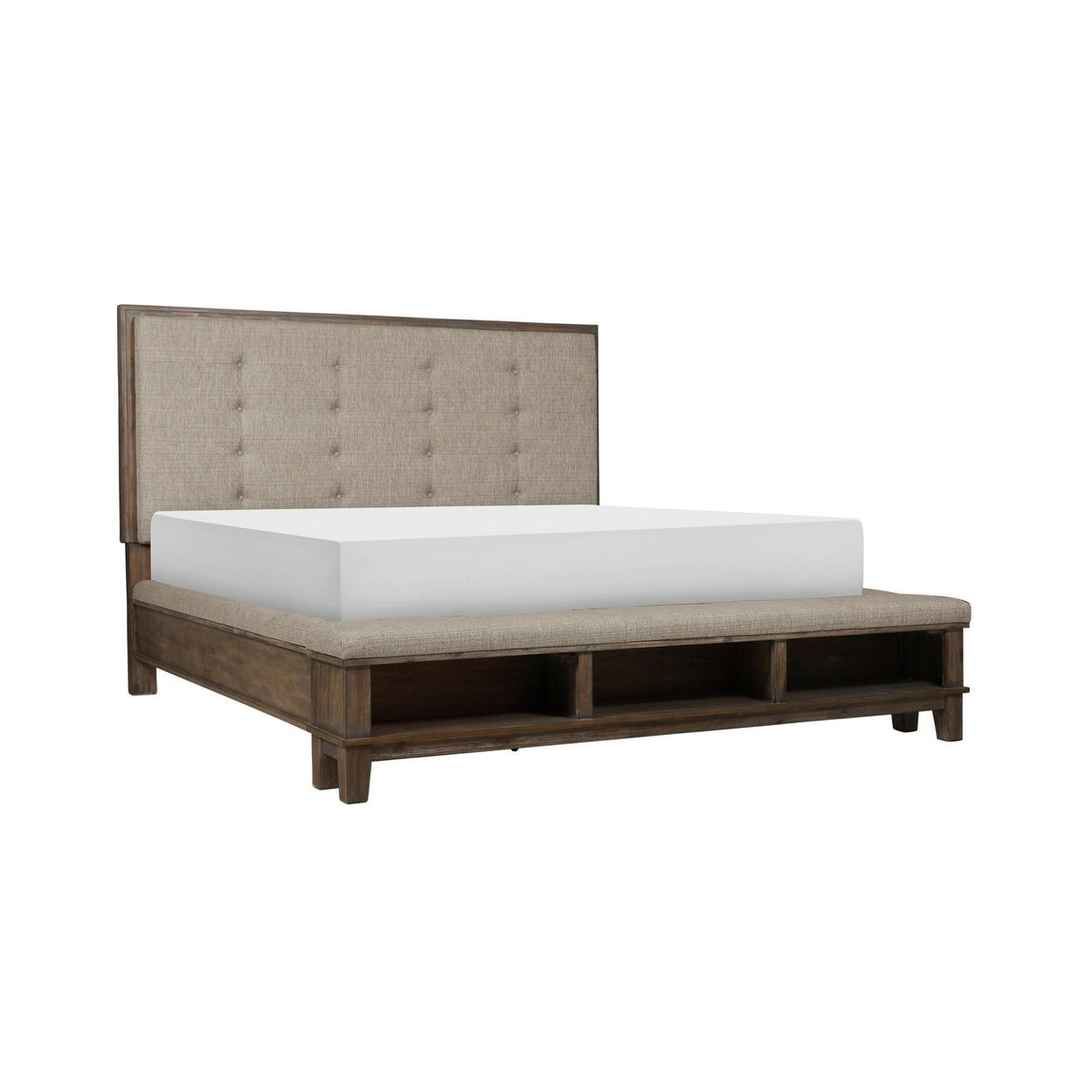 Emma 4 Piece Gray Modern Fabric Upholstered Tufted Shelves Panel Bedroom Set