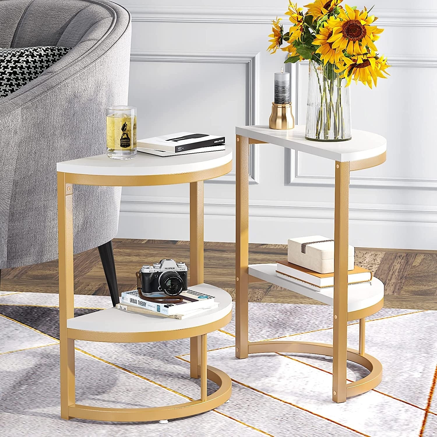 End Table Half Round Narrow Side Table Slim C Table for Sofa Couch
