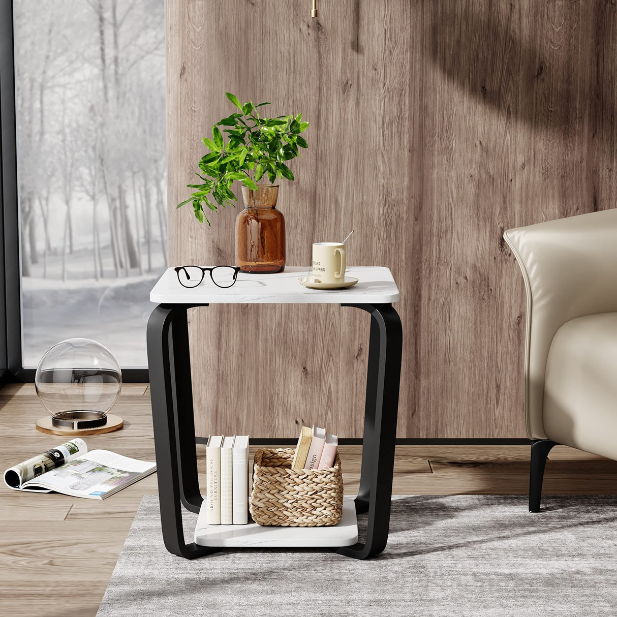 End Table Side Table with Storage Shelves, 2-Tier Table for Living Room Bedroom