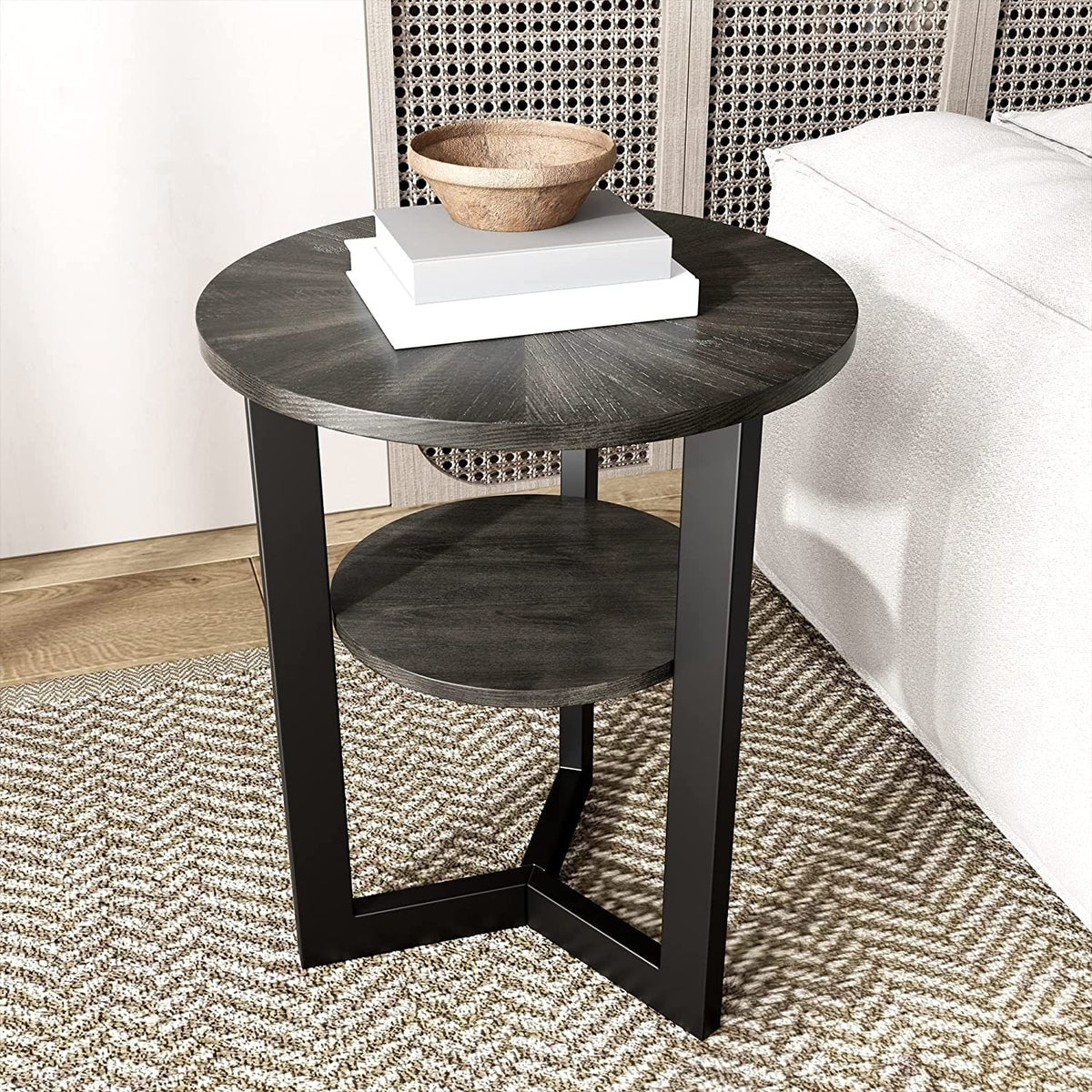 End Table Solid Wood 2-Tier Circle Side Table Nightstand - 19'3" x 24