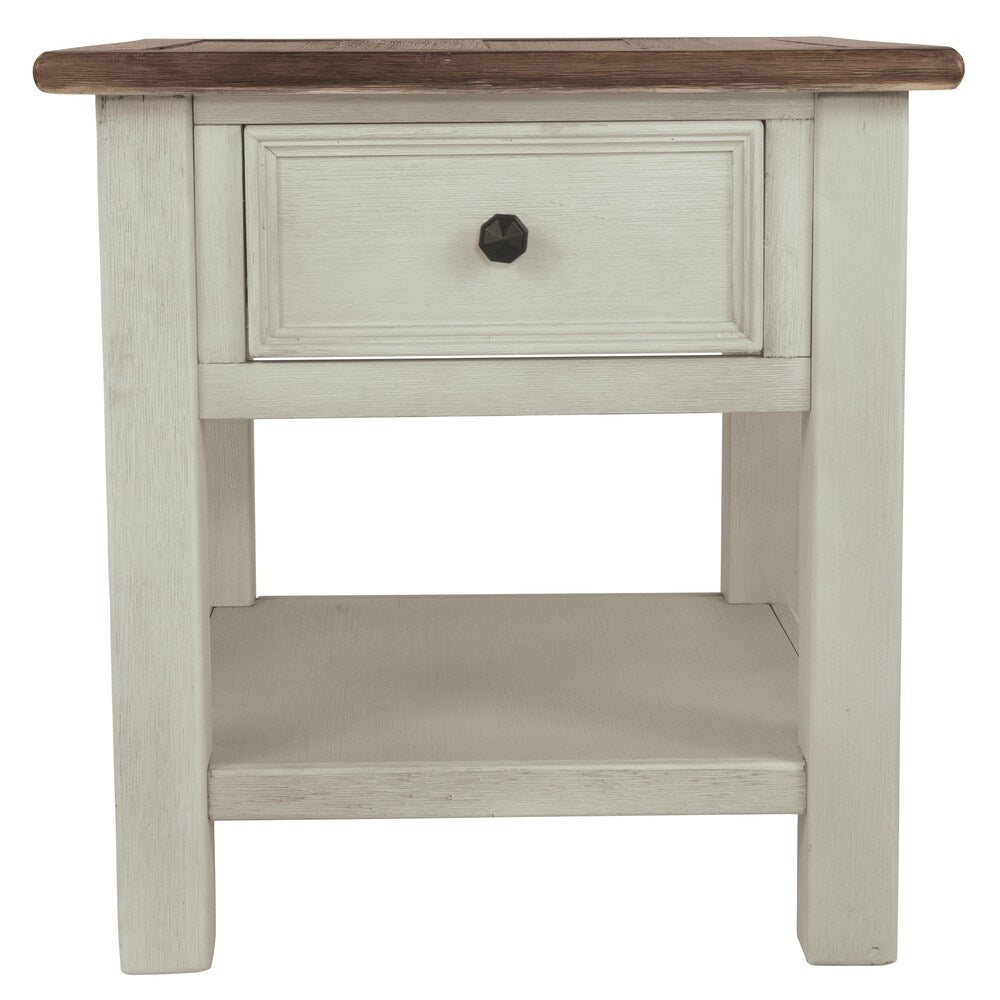 End Table With Plank Top and a Gliding Drawer, Cream and Brown