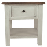 End Table With Plank Top and a Gliding Drawer, Cream and Brown