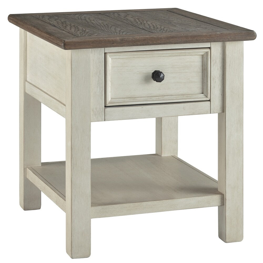 End Table With Plank Top and a Gliding Drawer, Cream and Brown