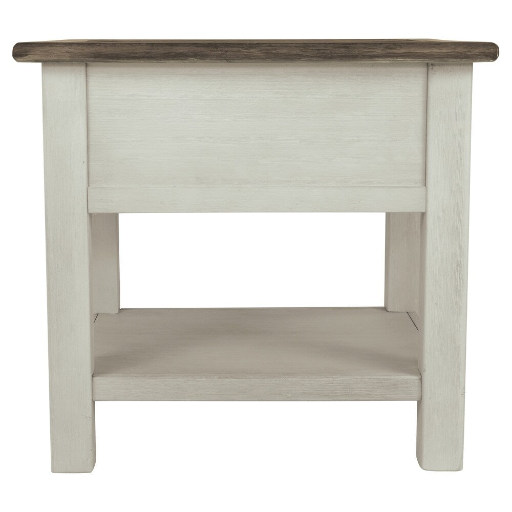 End Table With Plank Top and a Gliding Drawer, Cream and Brown