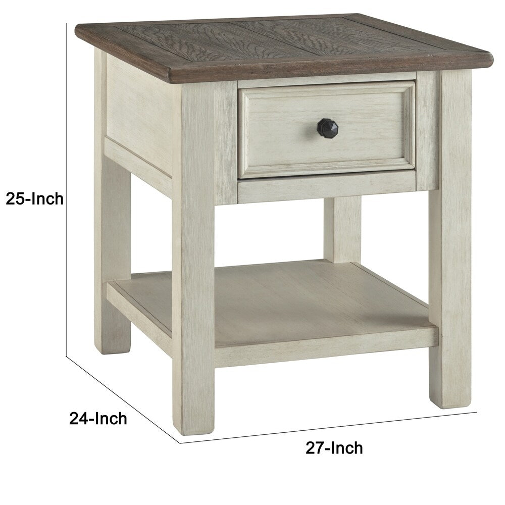 End Table With Plank Top and a Gliding Drawer, Cream and Brown