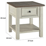 End Table With Plank Top and a Gliding Drawer, Cream and Brown