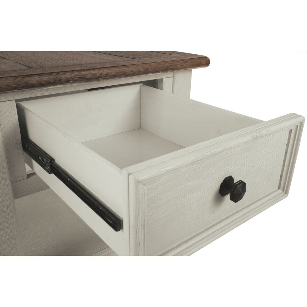 End Table With Plank Top and a Gliding Drawer, Cream and Brown