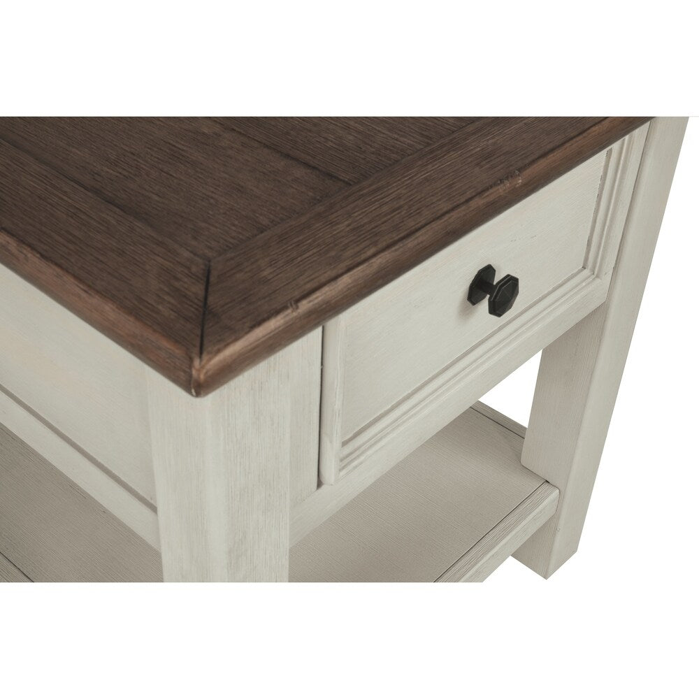 End Table With Plank Top and a Gliding Drawer, Cream and Brown