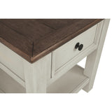 End Table With Plank Top and a Gliding Drawer, Cream and Brown