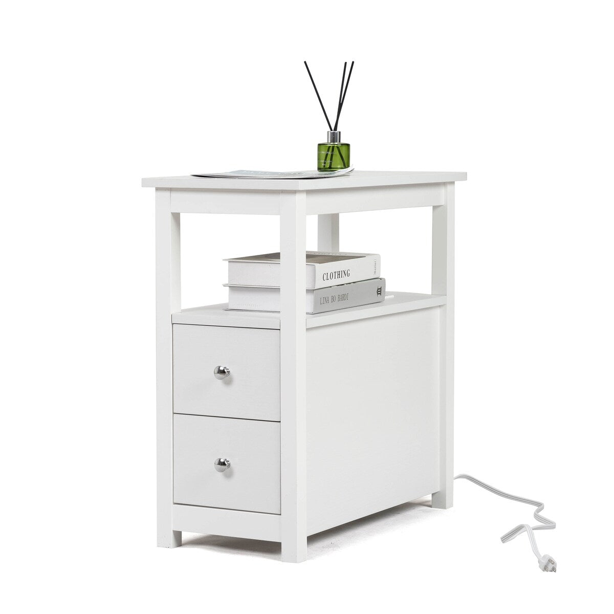 End Table with Charging Station, Narrow Sofa Side Table, Wooden Nightstand, Bedroom Living Room Furniture