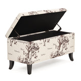 End of Bed Bench 35 inch Script Printed Linen Upholstered Fabric Storage Ottoman