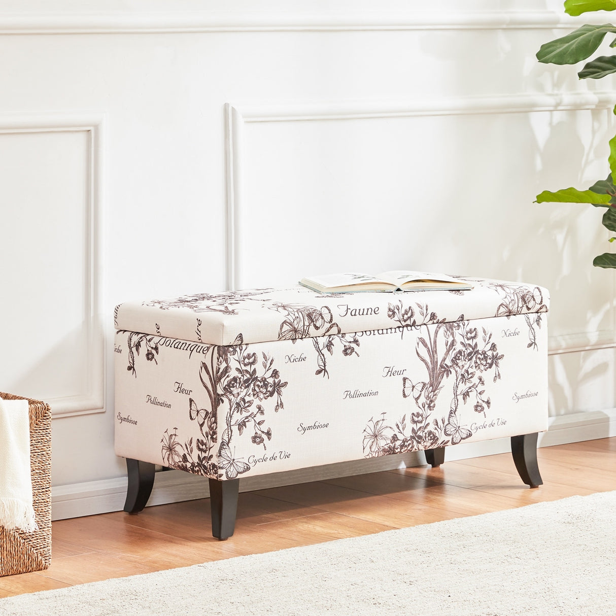 End of Bed Bench 35 inch Script Printed Linen Upholstered Fabric Storage Ottoman