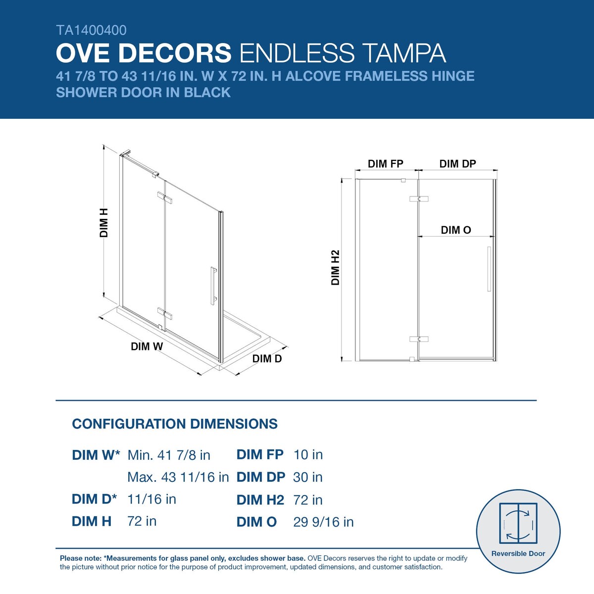 Endless Tampa Alcove 41 7/8 to 43 11/16" W x 72" H Black