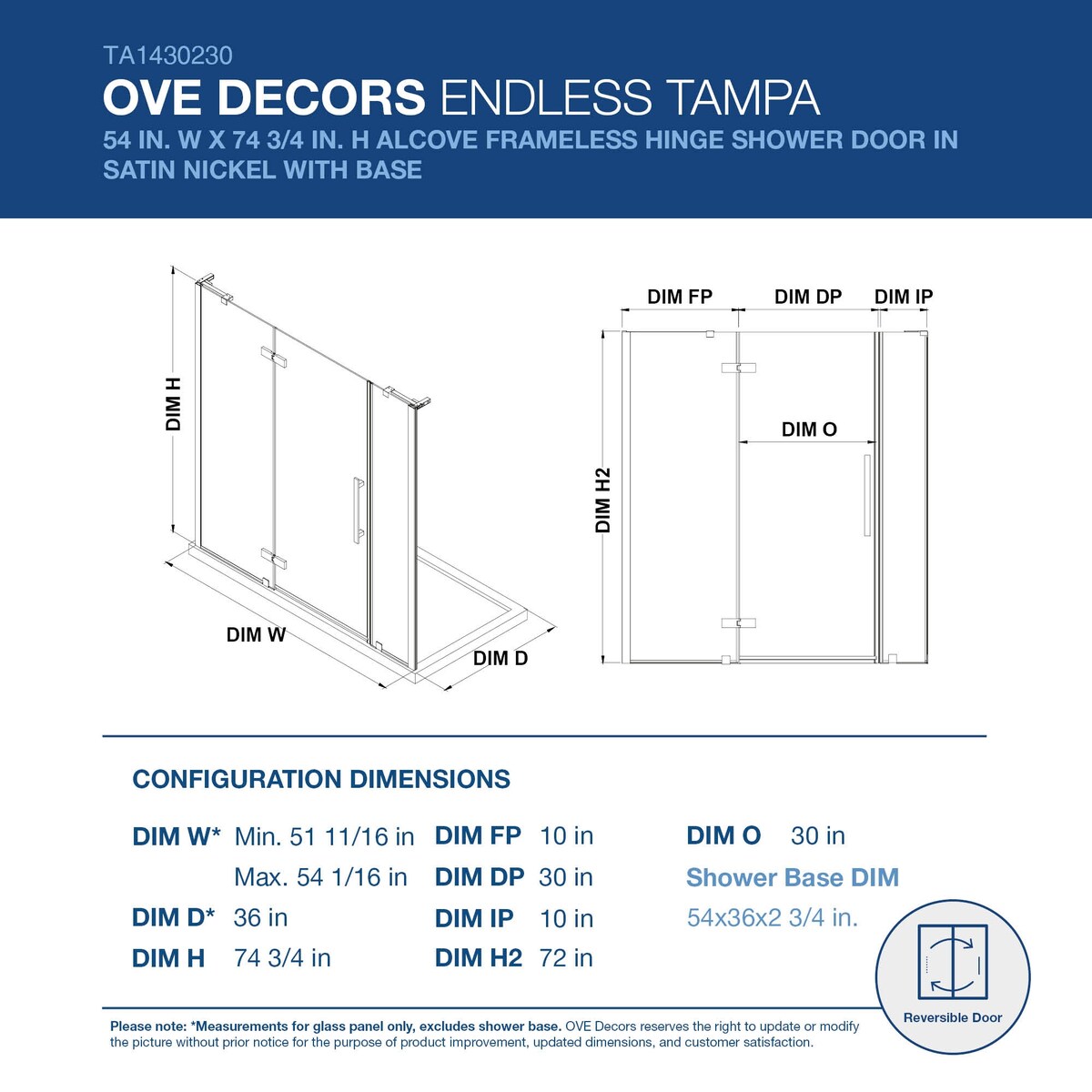 Endless Tampa Alcove and Base 54" W x 74 3/4" H SN