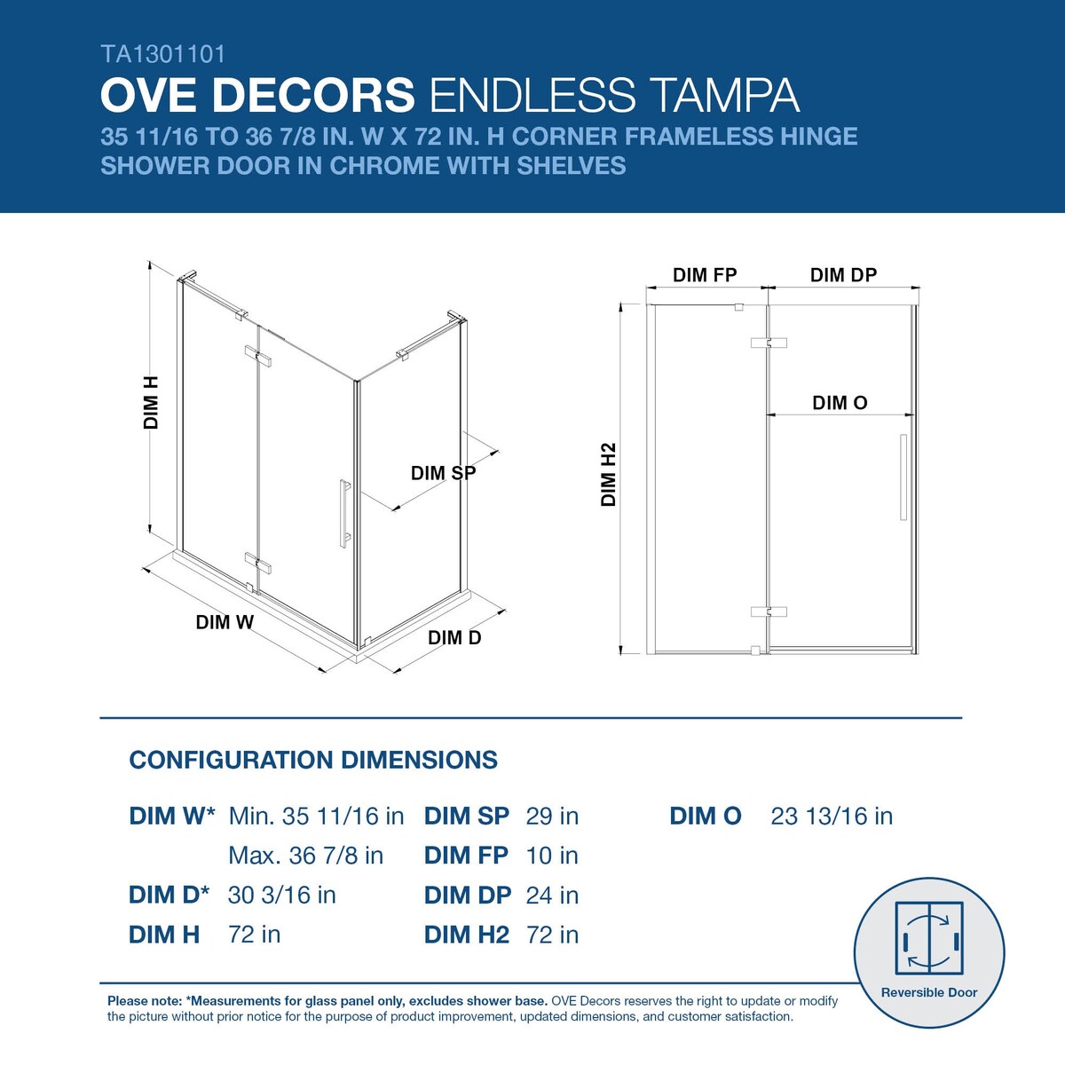 Endless Tampa Corner 35 11/16 to 36 7/8" W x 72" H CHR
