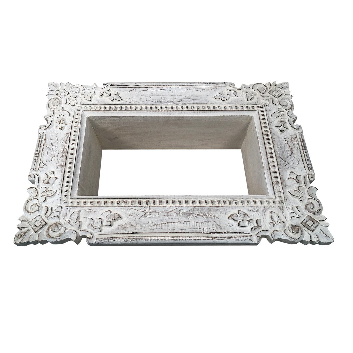 23 Inch Mango Wood Floating Wall Shelf Unit, Floating, Ornate Scroll Carvings, Distressed Gray