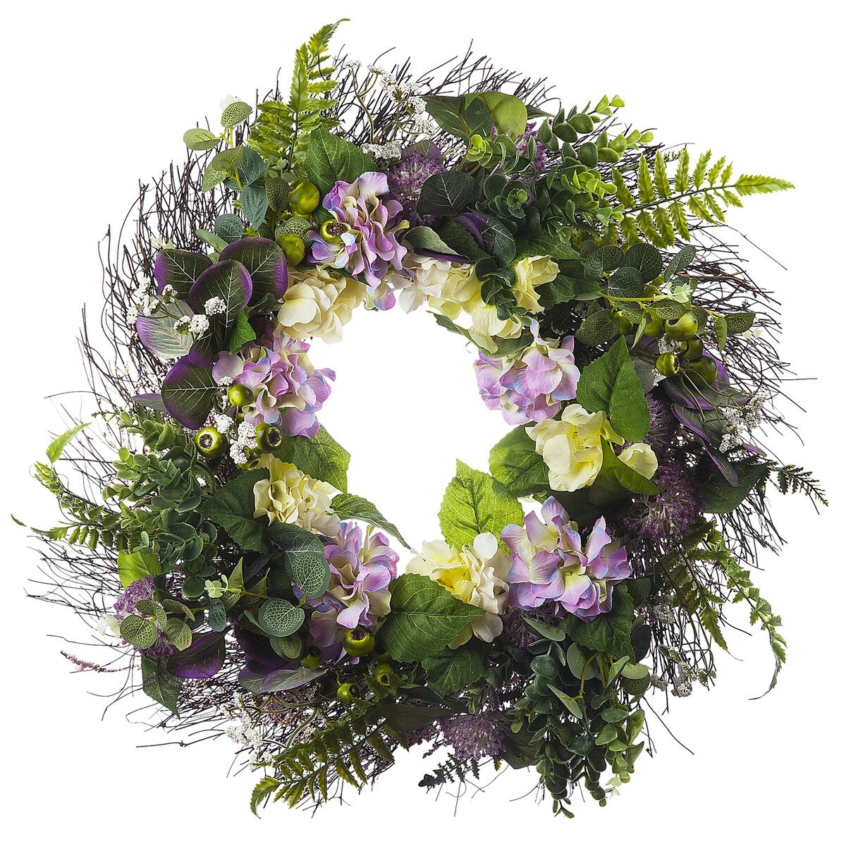 Enova Home 24" Artificial Mixed Hydrangea Flower Wreath with Green Leaves for Festival Celebration Front Door Wall Decoration